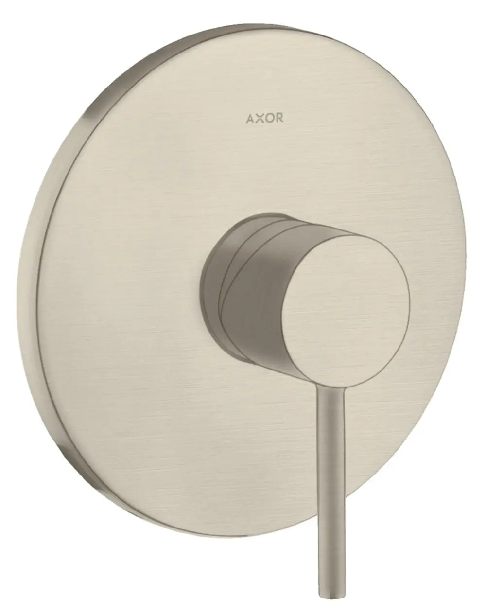 Ein AXOR Brausemischer mit runder Wandplatte und einem drehbaren Griff. Die Oberfläche ist in gebürstetem Nickel gehalten.